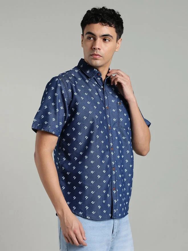Kuons Avenue  Men Blue Geometric Print Denim Shirt for Men | Best Price UAE