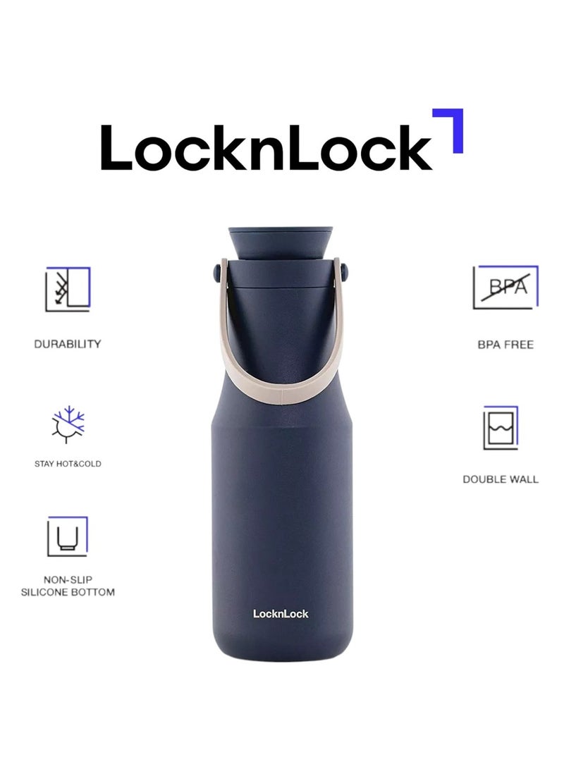 LOCK & LOCK LocknLock Stainless Steel Metro Double Tumbler 470ml – Stylish Navy Travel Mug with Handy Strap  - Image 1