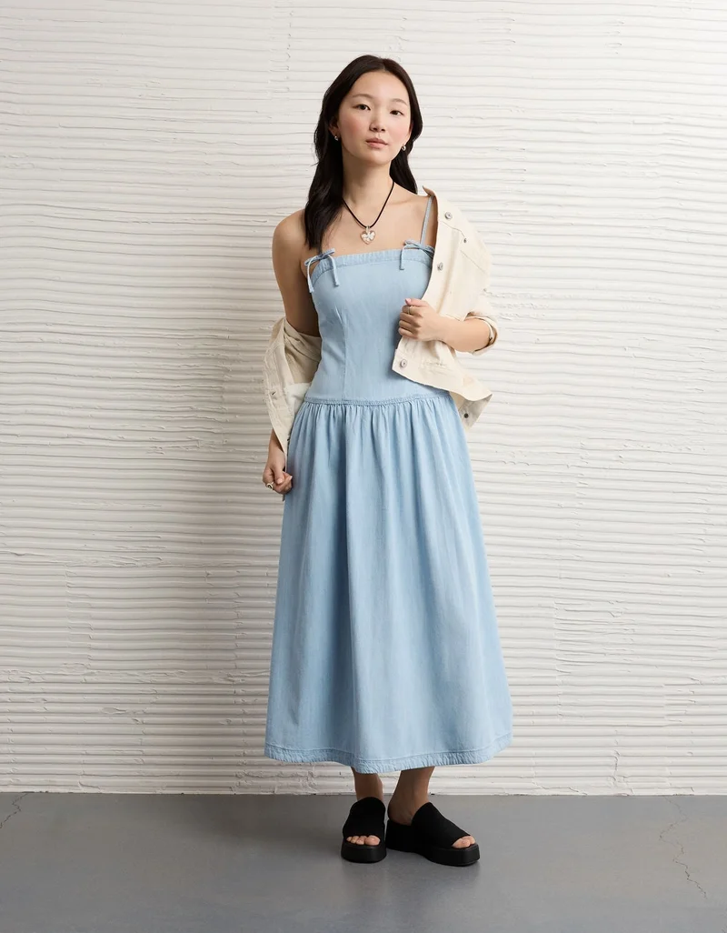 American Eagle AE Denim Bow Strap Midi Dress