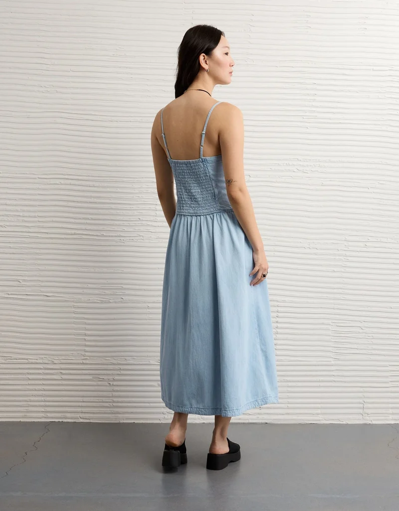 American Eagle AE Denim Bow Strap Midi Dress