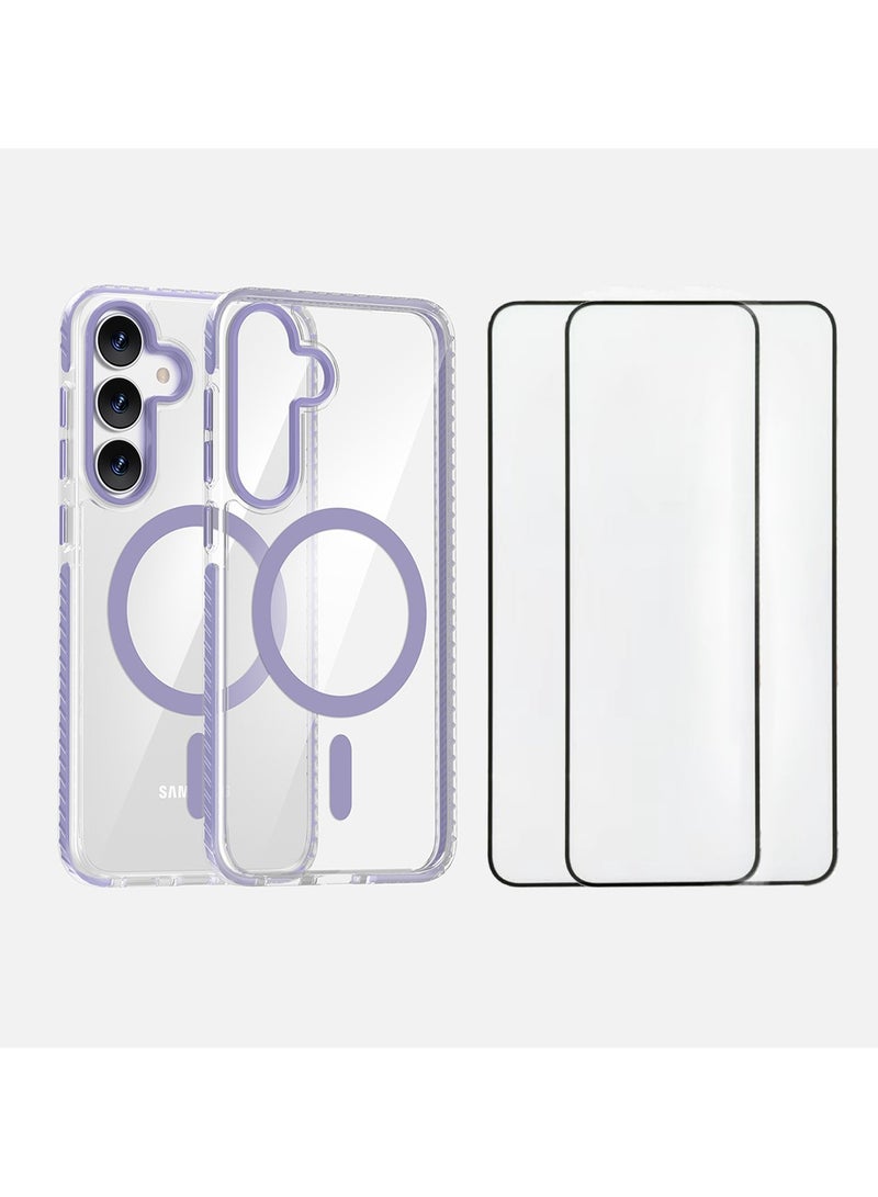 cas:pecae Samsung Galaxy S25 series two-color transparent magnetic shockproof mobile phone case + 2 pieces of special tempered film | mobile phone protection set - Image 1
