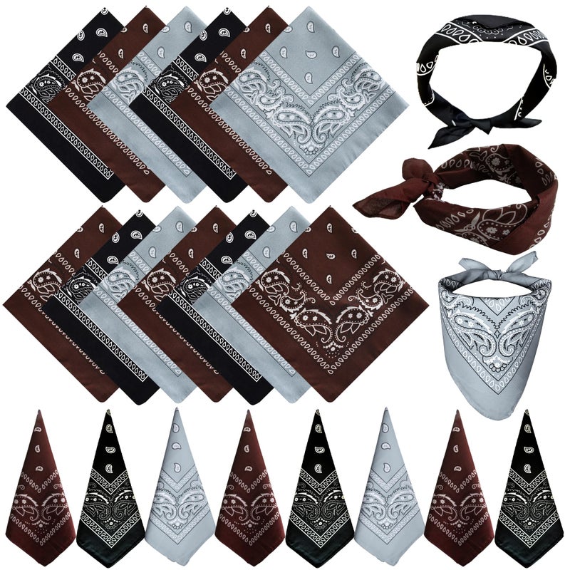 TFengfly 24 Pack Paisley Bandanas Bulk Unisex Cowboy Bandanas Head Scarf Necktie Face Cover (Black,Coffe,Gray) - Image 1