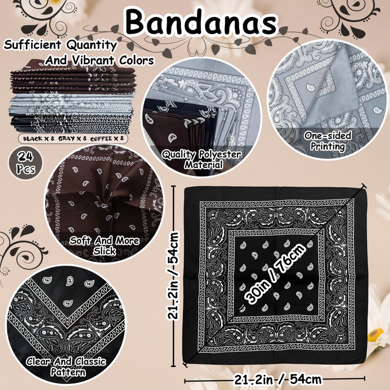 TFengfly 24 Pack Paisley Bandanas Bulk Unisex Cowboy Bandanas Head Scarf Necktie Face Cover (Black,Coffe,Gray) - Image 2
