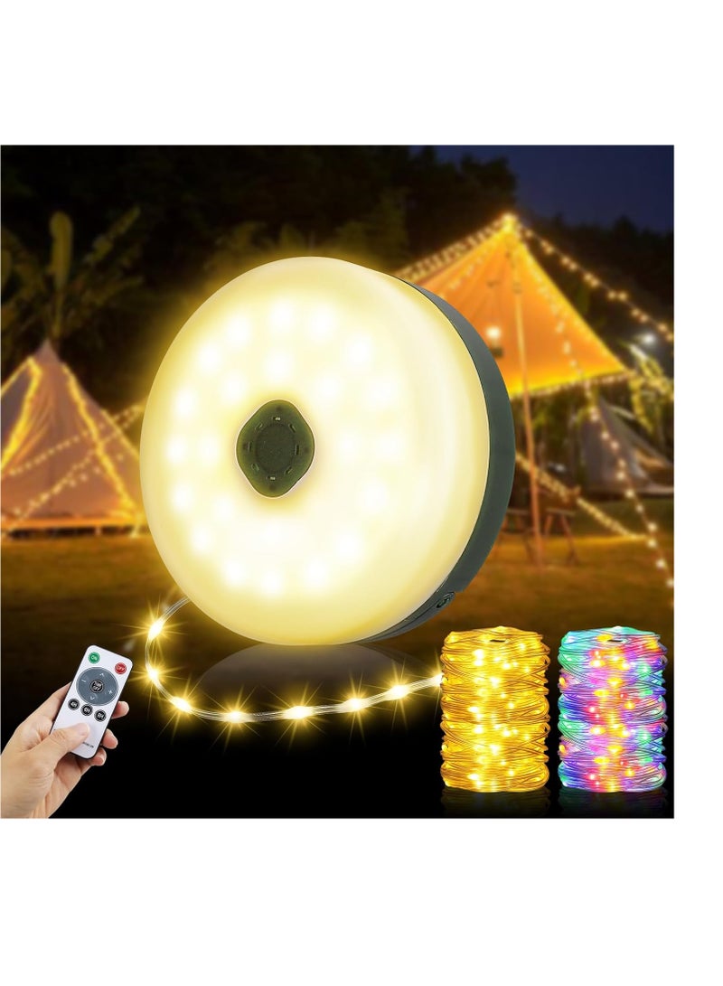 عام أضواء سلسلة التخييم 33 قدمًا ، 4 في 1 قابلة لإعادة الشحن 100 مصابيح خيمة في الهواء الطلق مع 14 وسائط الإضاءة التحكم عن بعد مقاومة للماء مع وظيفة مؤقتة لأساسيات التخييم ساحة المشي لمسافات طويلة - Image 1