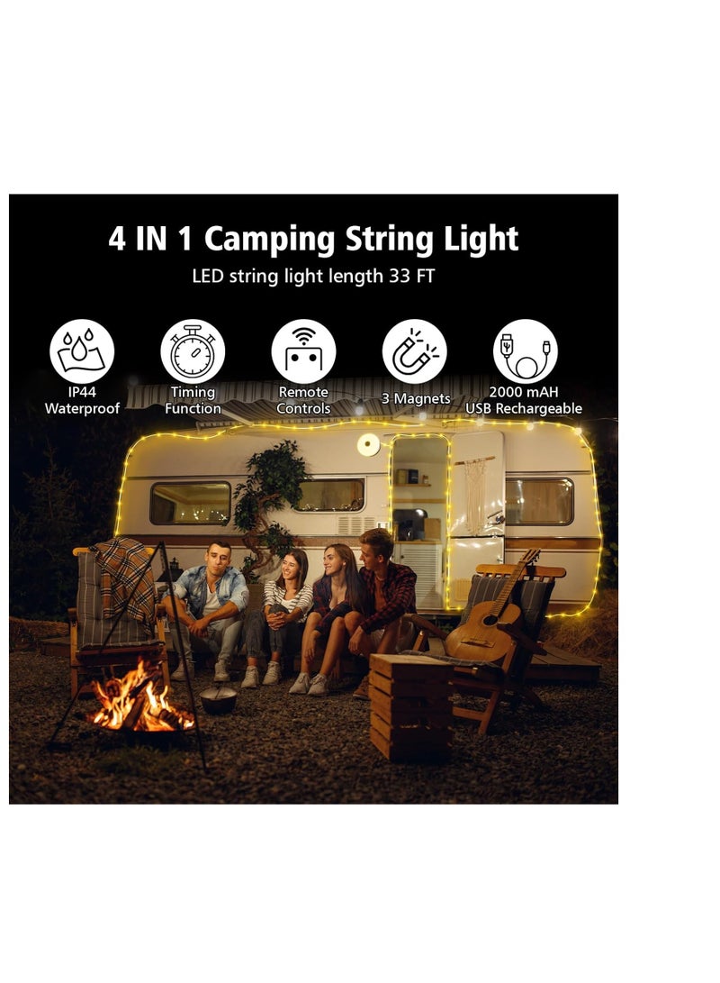 عام أضواء سلسلة التخييم 33 قدمًا ، 4 في 1 قابلة لإعادة الشحن 100 مصابيح خيمة في الهواء الطلق مع 14 وسائط الإضاءة التحكم عن بعد مقاومة للماء مع وظيفة مؤقتة لأساسيات التخييم ساحة المشي لمسافات طويلة - Image 4