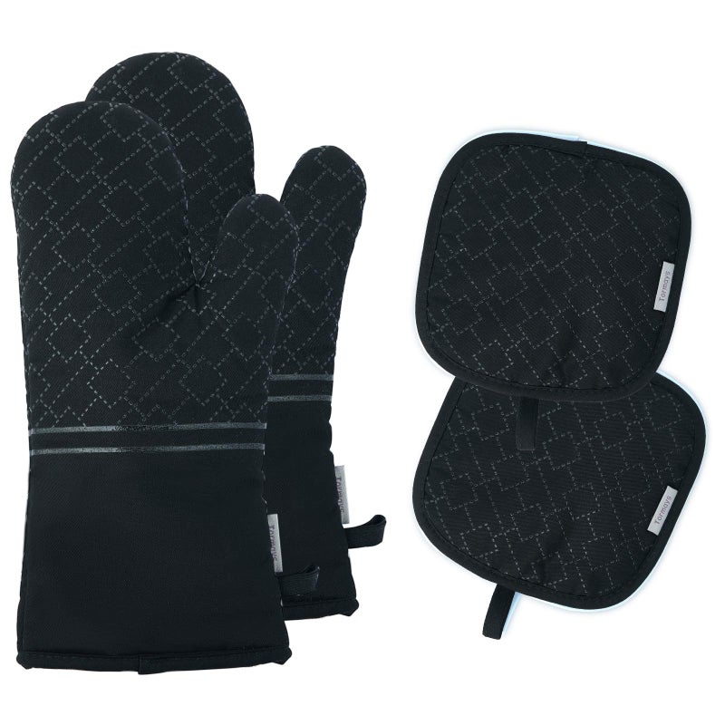 Tormays 4Pcs Oven Mitts and Pot Holders Set 572F Heat Resistant Oven Glove Soft Cotton Lining with NonSlip Surface for Kitchen Baking BBQ Black