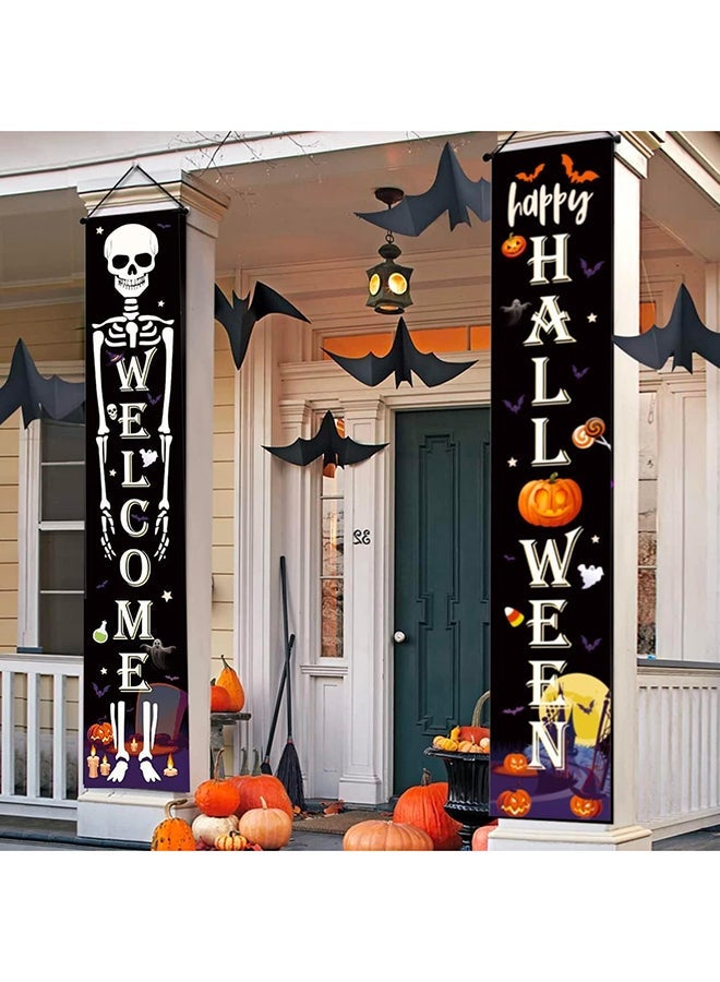 Brain Giggles BrainGiggles 2 Pack Halloween Welcome Banners for Front Door Outdoor Indoor – Large Porch Signs Party Decorations, Happy Halloween Yard Decor, Hanging Garland for Home Entryway - Image 2