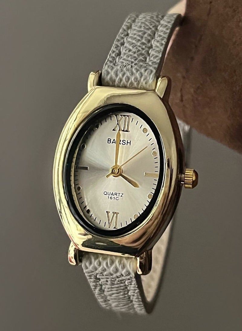 Barsh Women's Vintage Oval Watch - Gold Case with Grey Leather Strap & Minimalist Dial | Elegant Casual Wristwatch - Image 1