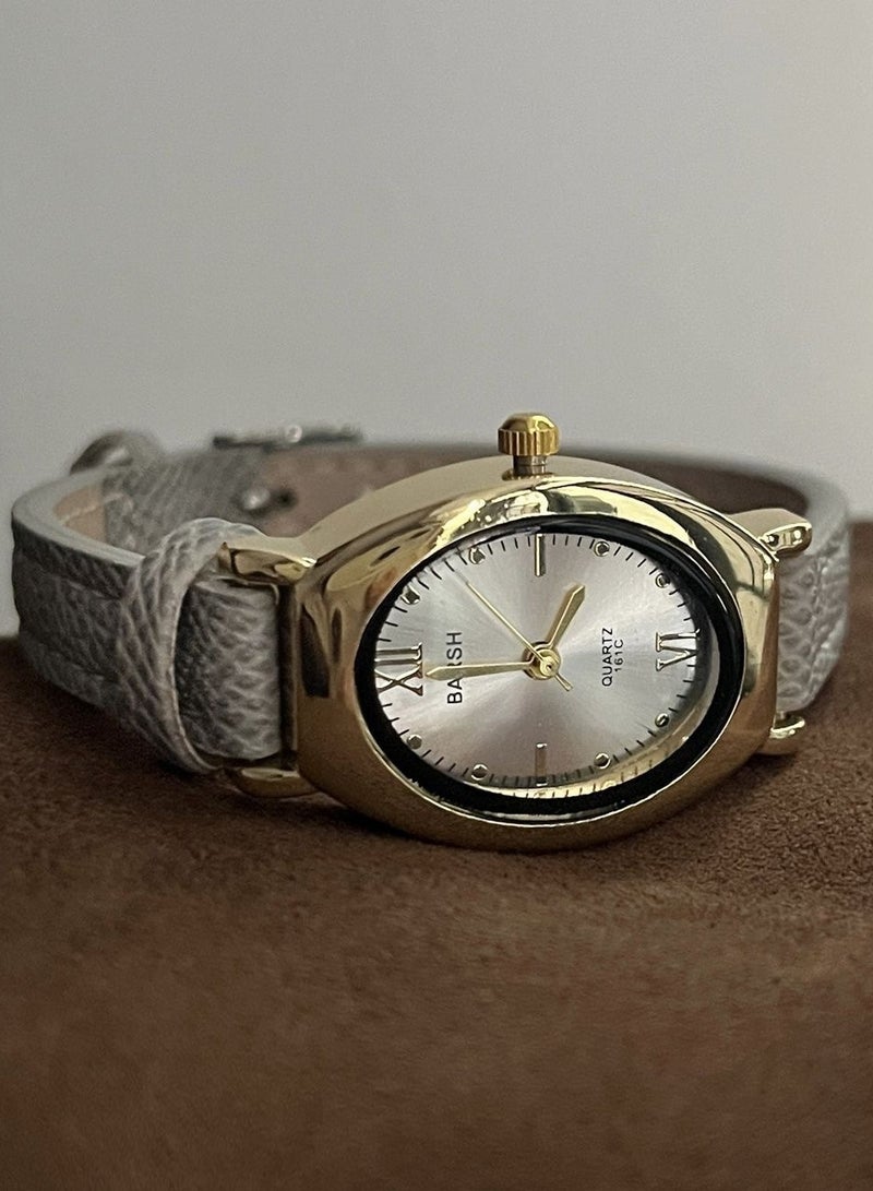 Barsh Women's Vintage Oval Watch - Gold Case with Grey Leather Strap & Minimalist Dial | Elegant Casual Wristwatch - Image 2