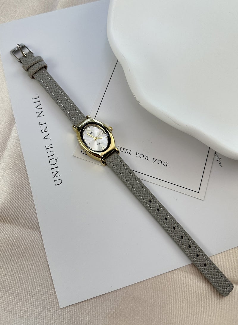 Barsh Women's Vintage Oval Watch - Gold Case with Grey Leather Strap & Minimalist Dial | Elegant Casual Wristwatch - Image 3