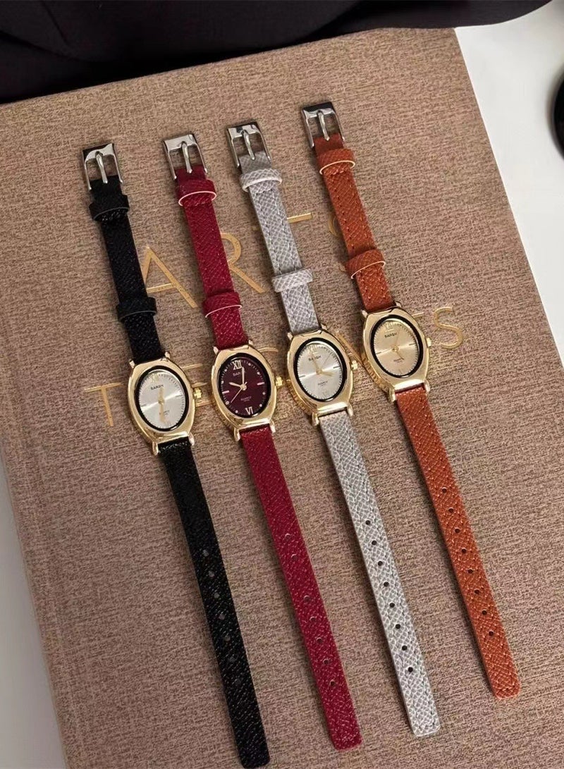 Barsh Women's Vintage Oval Watch - Gold Case with Grey Leather Strap & Minimalist Dial | Elegant Casual Wristwatch - Image 4