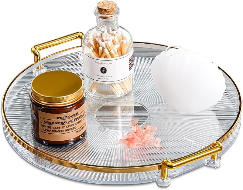 Calyrex Serving Tray with Handles - Round Clear and Gold Serving Tray with Golden Handles - Elegant Fruit Plate for Living Room, Bathroom, Kitchen, Snack Coffee Bread Fruit - Image 1