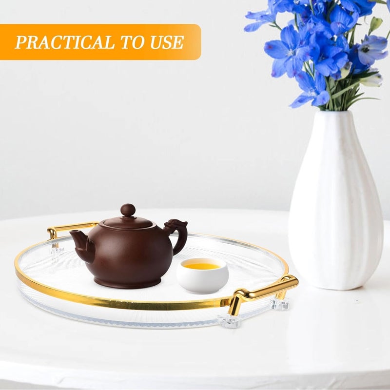 Calyrex Serving Tray with Handles - Round Clear and Gold Serving Tray with Golden Handles - Elegant Fruit Plate for Living Room, Bathroom, Kitchen, Snack Coffee Bread Fruit - Image 4