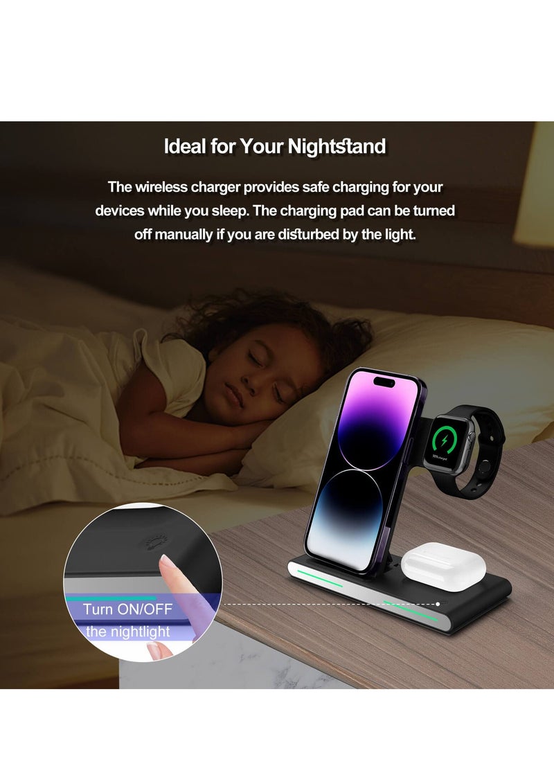 SYOSI - 3 in 1 Wireless Charger, for Apple Multiple Devices Foldable Stand Dock, Charging Station for iPhone 14/13/12/11/Pro/Max/XS/Max/XR/XS/X, iWatch 7/6/SE/5/4/3/2, Airpods Pro/3/2/1, Black - Image 1