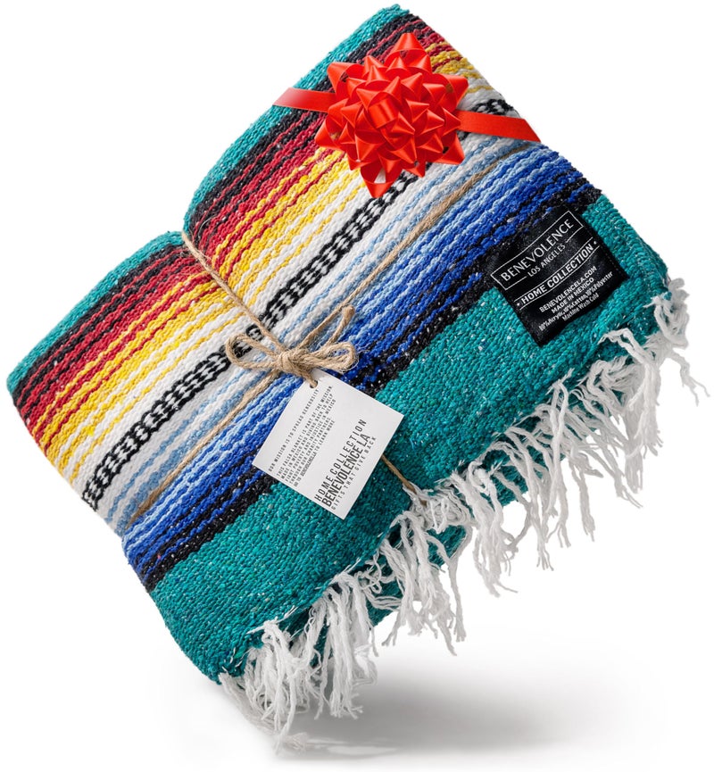 Benevolence LA Mexican Blanket Authentic Handwoven Yoga Blanket  Outdoor Blanket Made by Traditional Mexican Artisans Saddle Blanket Beach Blanket Picnic Blanket  Car Blanket 75 x 52  Agua