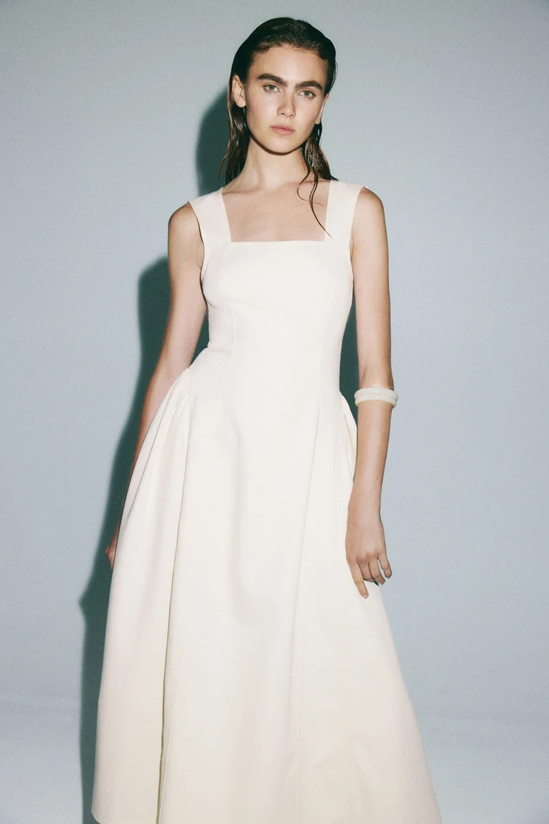 Flared-skirt twill dress
