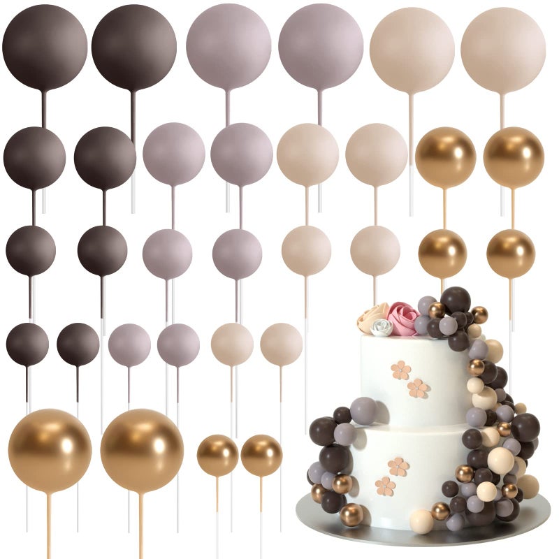 ASTARON 32 Pcs Ball Cake Topper Decorations Mini Balloons Cake Topper Sticks Foam Balls Cake Picks Cake Topper Balls Cake Decorations for Wedding Party Birthday Cake Decorating Brown Gold - Image 3
