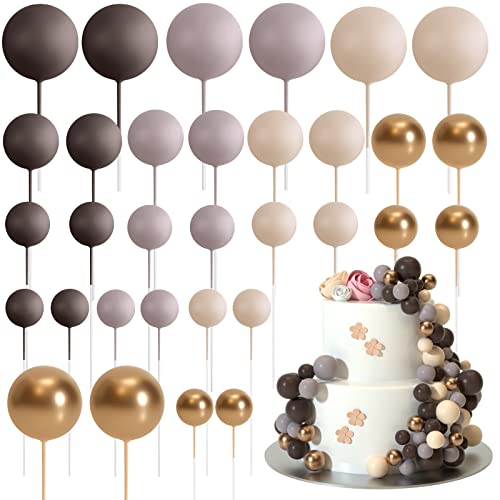 ASTARON 32 Pcs Ball Cake Topper Decorations Mini Balloons Cake Topper Sticks Foam Balls Cake Picks Cake Topper Balls Cake Decorations for Wedding Party Birthday Cake Decorating Brown Gold - Image 1