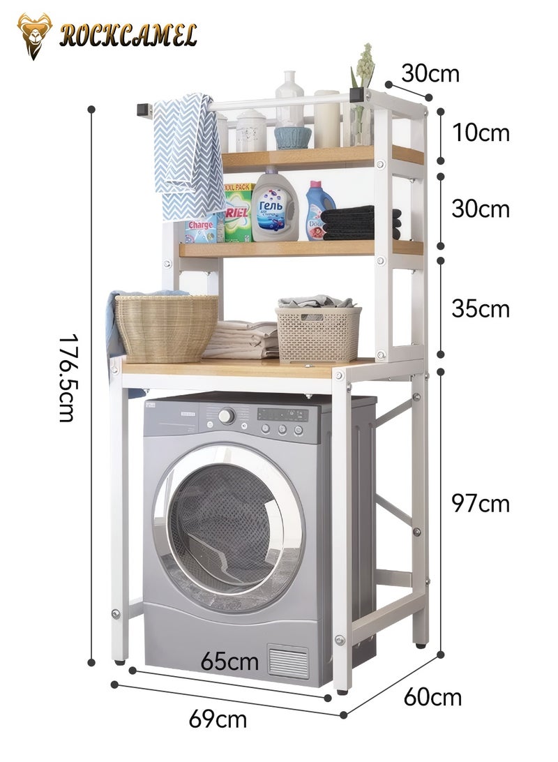 ROCKCAMEL رف تخزين للغسالة موفر للمساحة، منظمات حمام من 3 طبقات ورف تخزين، حامل مجفف لغسالة الطبل، رف تخزين معدني وخشبي، رف تخزين متعدد الوظائف لتوفير المساحة - Image 4