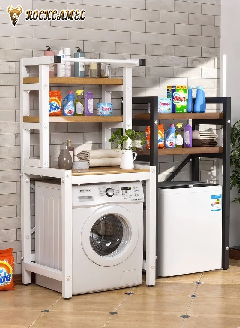 ROCKCAMEL رف تخزين للغسالة موفر للمساحة، منظمات حمام من 3 طبقات ورف تخزين، حامل مجفف لغسالة الطبل، رف تخزين معدني وخشبي، رف تخزين متعدد الوظائف لتوفير المساحة - Image 2