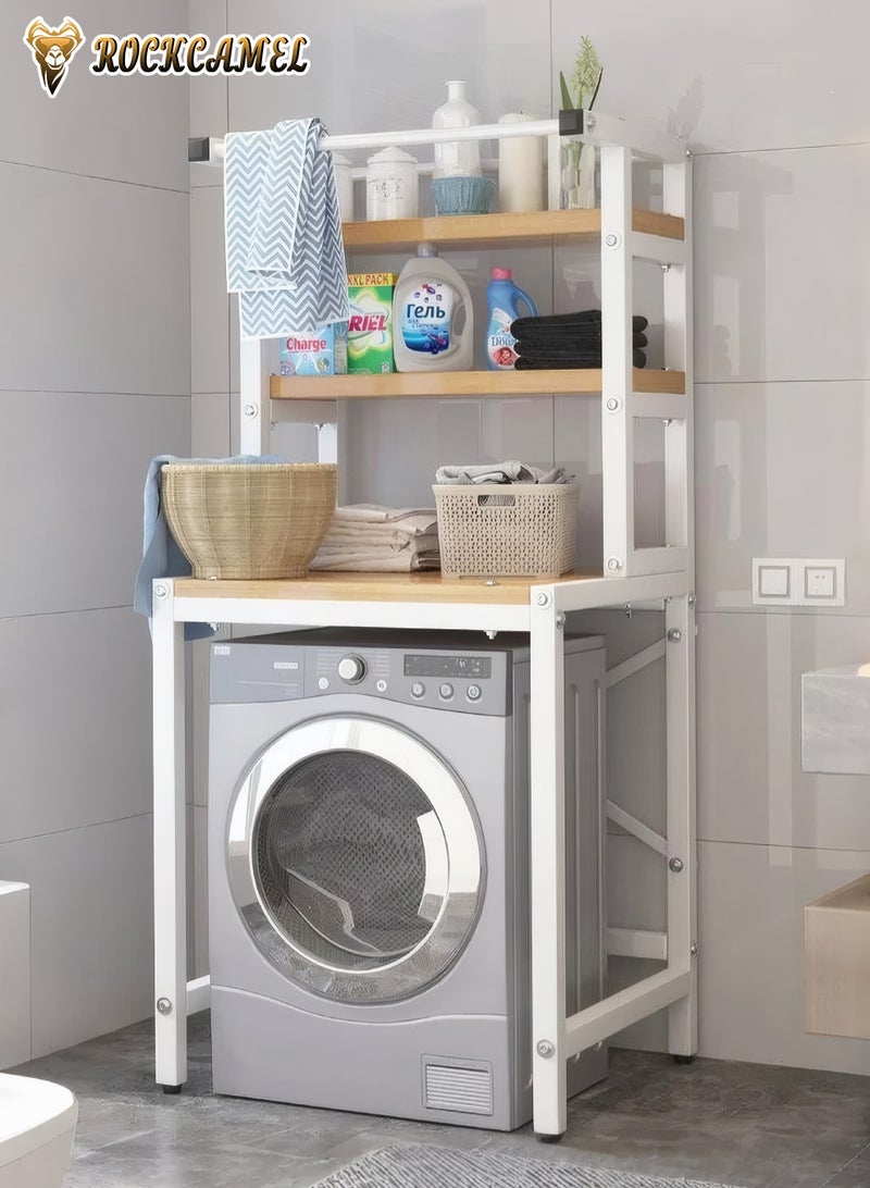 ROCKCAMEL رف تخزين للغسالة موفر للمساحة، منظمات حمام من 3 طبقات ورف تخزين، حامل مجفف لغسالة الطبل، رف تخزين معدني وخشبي، رف تخزين متعدد الوظائف لتوفير المساحة - Image 3