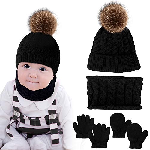Hicdaw 6PCS Toddler Baby Winter Hat Scarf Kids Warm Knitted Hat for Beanie Scarf Gloves Set Gift for Kid Black - Image 1