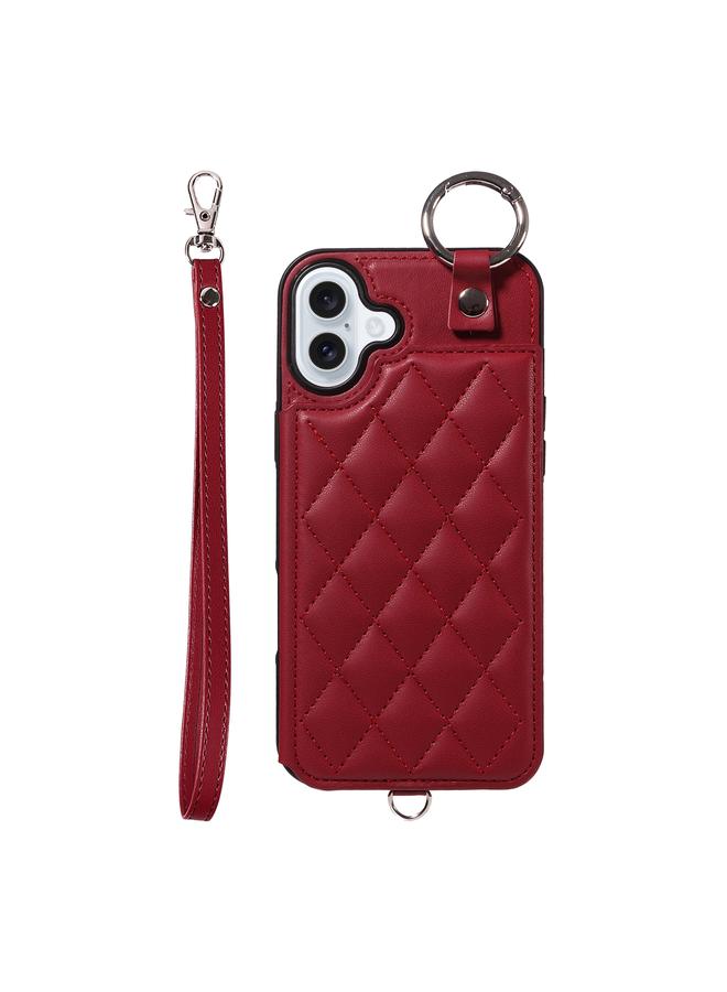 S-TOP Case For iPhone 16 Plus Rhombic Texture Card Bag Phone Case with Short Lanyard - Image 1