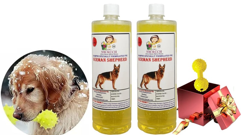 swacch German Shepherd Dog Shampoo + Dumbbell Toy I Durable Rubber Dog Toy for Chewing I Playing,Teeth Cleaning & Training Toy I Combo Pack I 1 Litre Pack of 2 Lemon - Image 1