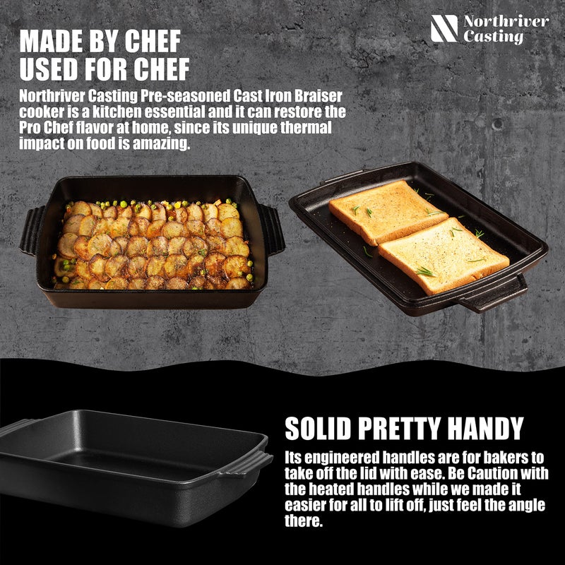 Northriver Casting 2-In-1 Pre Seasoned Cast Iron Dutch Oven With Skillet Lid,Casserole Dish,Rectangular Baking Pan,Griddle Pot Set, 6QT, 9"x13" - Image 4