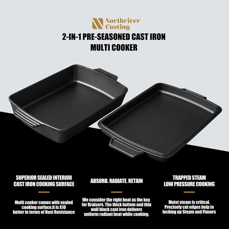 Northriver Casting 2-In-1 Pre Seasoned Cast Iron Dutch Oven With Skillet Lid,Casserole Dish,Rectangular Baking Pan,Griddle Pot Set, 6QT, 9"x13" - Image 3