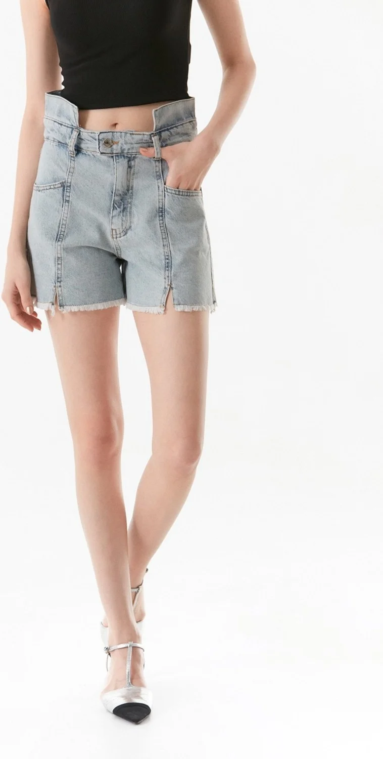 FullaModa High Waist Tassel Slit Detailed Jean Shorts