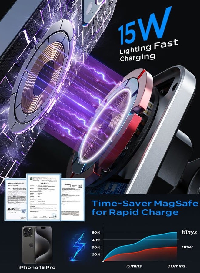 Hinyx for MagSafe Car Mount Charger, 15W Magnetic Wireless Car Charger Vent Dash Charging Phone Holder Mount for iPhone 15 14 13 12 11 Pro Max Plus Mini Xr Xs, Samsung, Google, LG, etc - Image 2