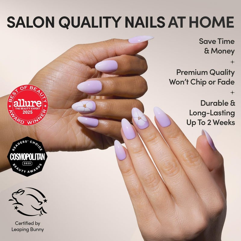 Glamnetic Ready post purchase fulfill Press On Nails - Lilac Reef | Short Almond Purple Fake Nails with Flower Accents, Salon Quality Summer Nails | 15 Sizes - 30 Nail Kit with Glue Strong durable raw material - Image 2