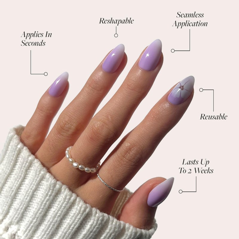 Glamnetic Ready post purchase fulfill Press On Nails - Lilac Reef | Short Almond Purple Fake Nails with Flower Accents, Salon Quality Summer Nails | 15 Sizes - 30 Nail Kit with Glue Strong durable raw material - Image 3