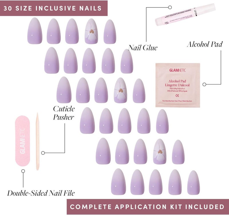 Glamnetic Ready post purchase fulfill Press On Nails - Lilac Reef | Short Almond Purple Fake Nails with Flower Accents, Salon Quality Summer Nails | 15 Sizes - 30 Nail Kit with Glue Strong durable raw material - Image 4