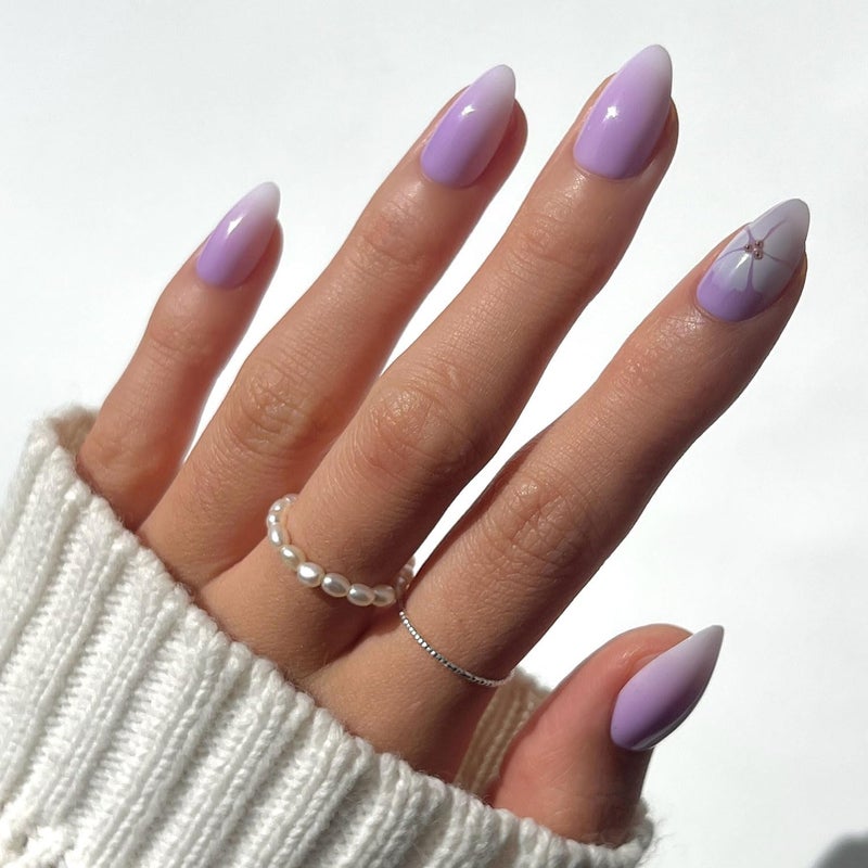 Glamnetic Ready post purchase fulfill Press On Nails - Lilac Reef | Short Almond Purple Fake Nails with Flower Accents, Salon Quality Summer Nails | 15 Sizes - 30 Nail Kit with Glue Strong durable raw material - Image 1