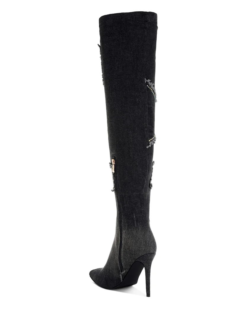 London Rag Rhinestones Knee High Denim Boots in Black