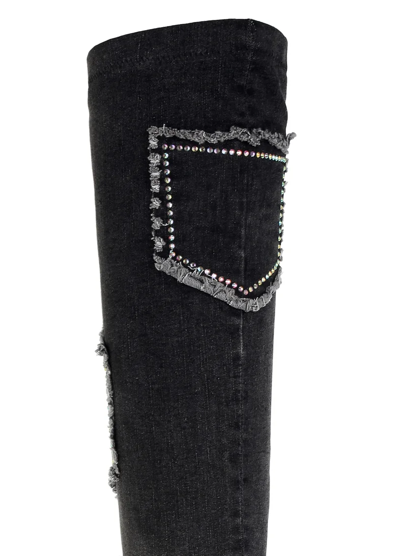 London Rag Rhinestones Knee High Denim Boots in Black