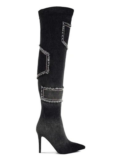 London Rag Rhinestones Knee High Denim Boots in Black