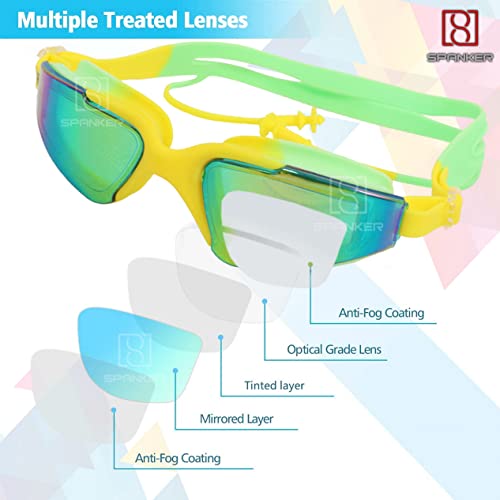 Spanker Aqua Wide View Swim Goggles with Ear Plugs, UV Protection No Leaking Anti Fog Lens Swimming Glasses for Adult Women Men and Youth ,Green Multi SSTP - Image 2