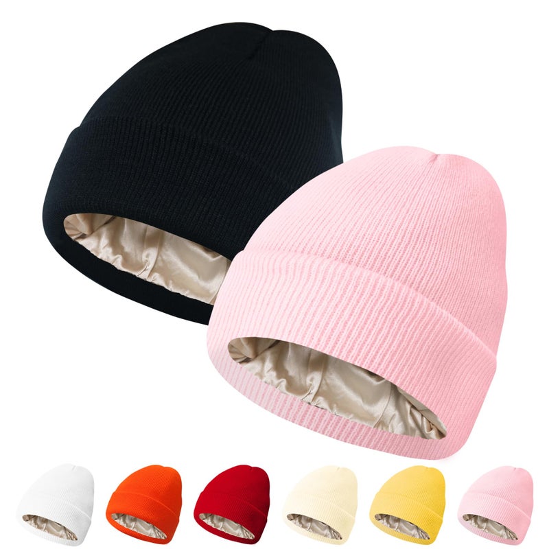 PFFY 2 Packs Womens Satin Lined Beanie Hat Silk Lining Winter Hats Beanies for Women Soft Slouchy Beanie Skull Cap Black+Pink - Image 1