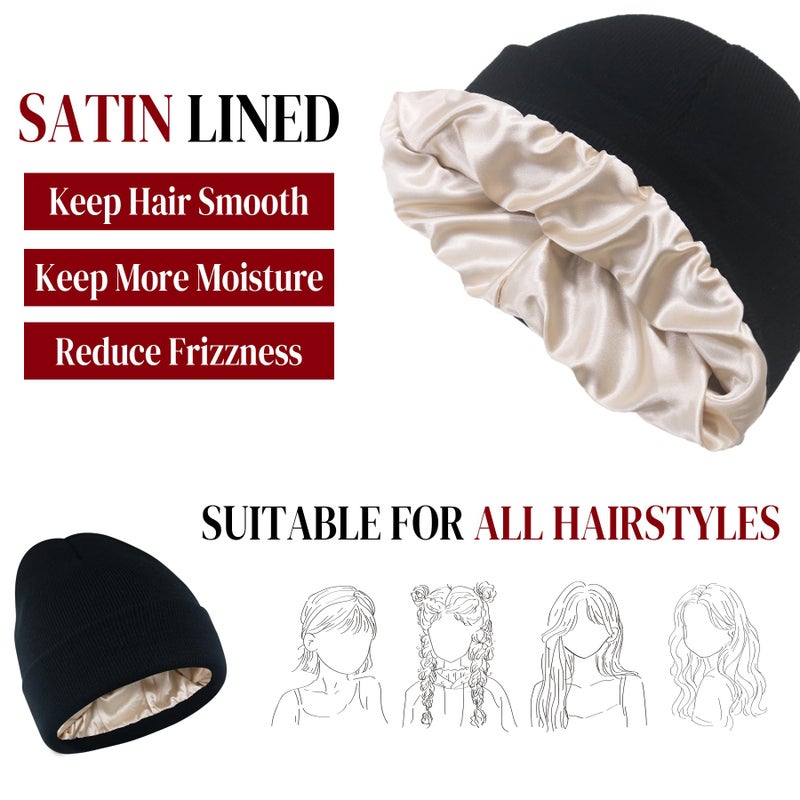 PFFY 2 Packs Womens Satin Lined Beanie Hat Silk Lining Winter Hats Beanies for Women Soft Slouchy Beanie Skull Cap Black+Pink - Image 2