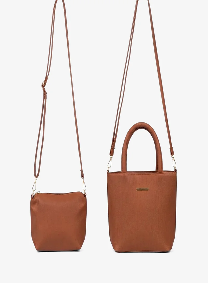 Viny Brown Viny Women's 3-Piece Tote Bag Set – Faux Leather Handbag with Detachable Crossbody Strap – Work, Travel & Everyday Use – Navy Blue, Tan, Black, Grey, Apricot, Brown for Women | Best Price UAE