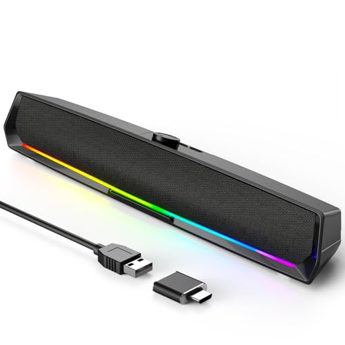 LENRUE Computer Speakers for Desktop,PC Speakers Gaming Sound bar with Colorful Light,USB Speaker With Bluetooth for PCs Desktop Laptop Tablets,Wired Bluetooth Speaker for Phones(Type-C Adapter Included) - Image 1
