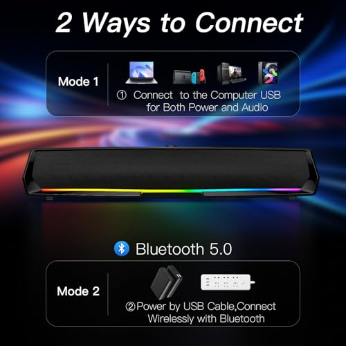 LENRUE Computer Speakers for Desktop,PC Speakers Gaming Sound bar with Colorful Light,USB Speaker With Bluetooth for PCs Desktop Laptop Tablets,Wired Bluetooth Speaker for Phones(Type-C Adapter Included) - Image 3