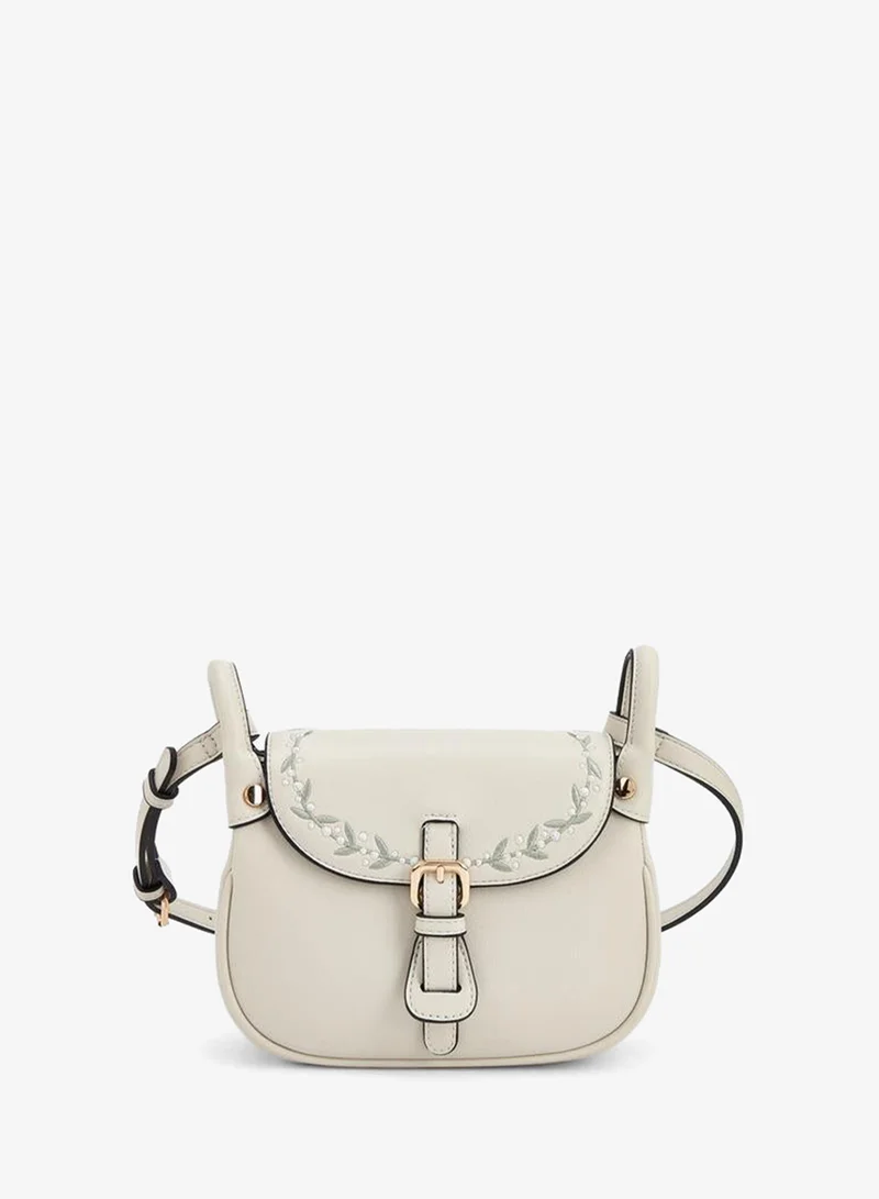 Embroidered Flap Crossbody Bag With Button Closure