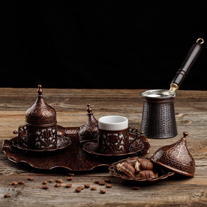 DEMMEX 2023 Turkish Greek Arabic Coffee Full Set with Cups Saucers Lids Sugar Bowl Tray and Copper Coffee Pot, 12 Pcs - Image 5
