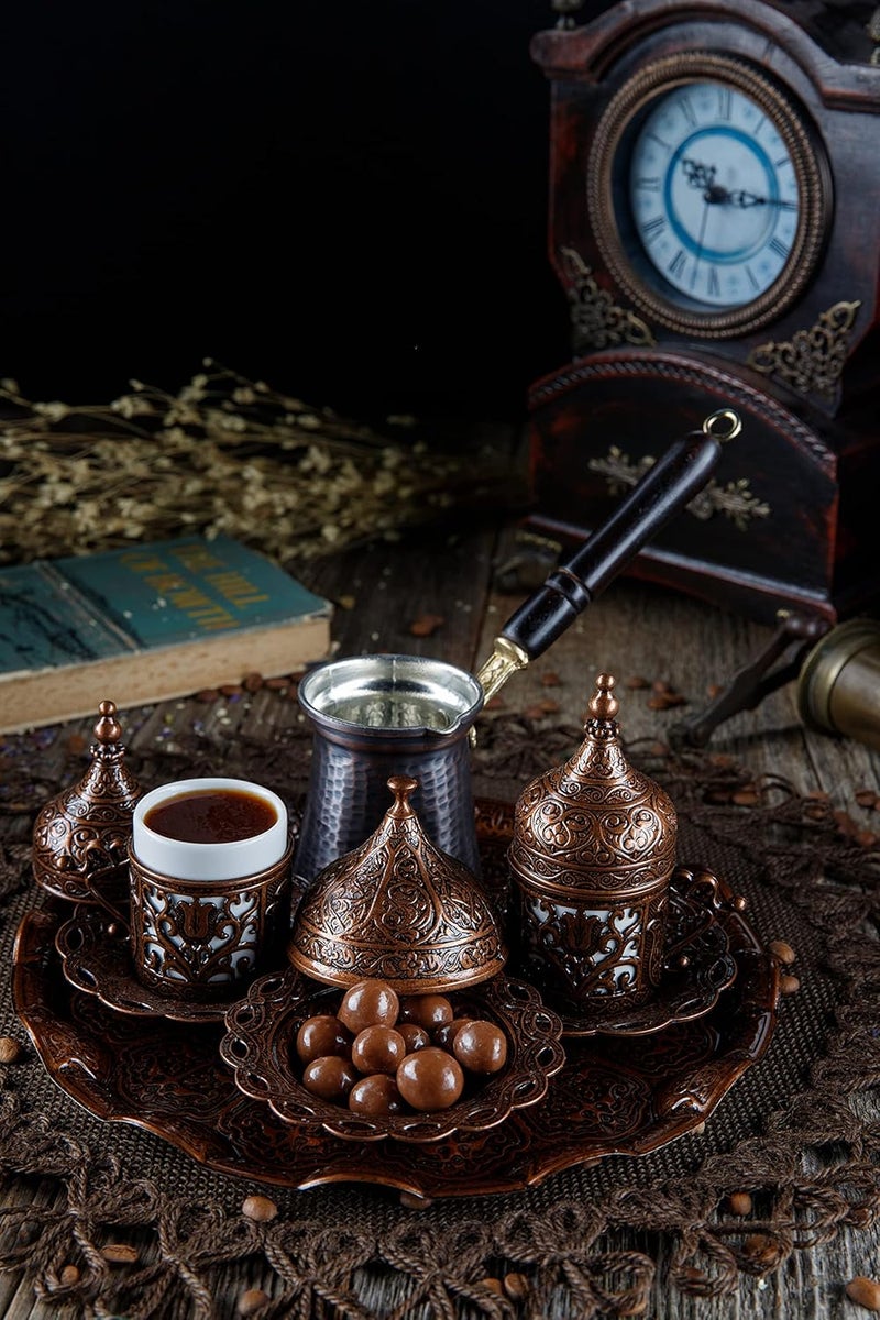 DEMMEX 2023 Turkish Greek Arabic Coffee Full Set with Cups Saucers Lids Sugar Bowl Tray and Copper Coffee Pot, 12 Pcs - Image 3