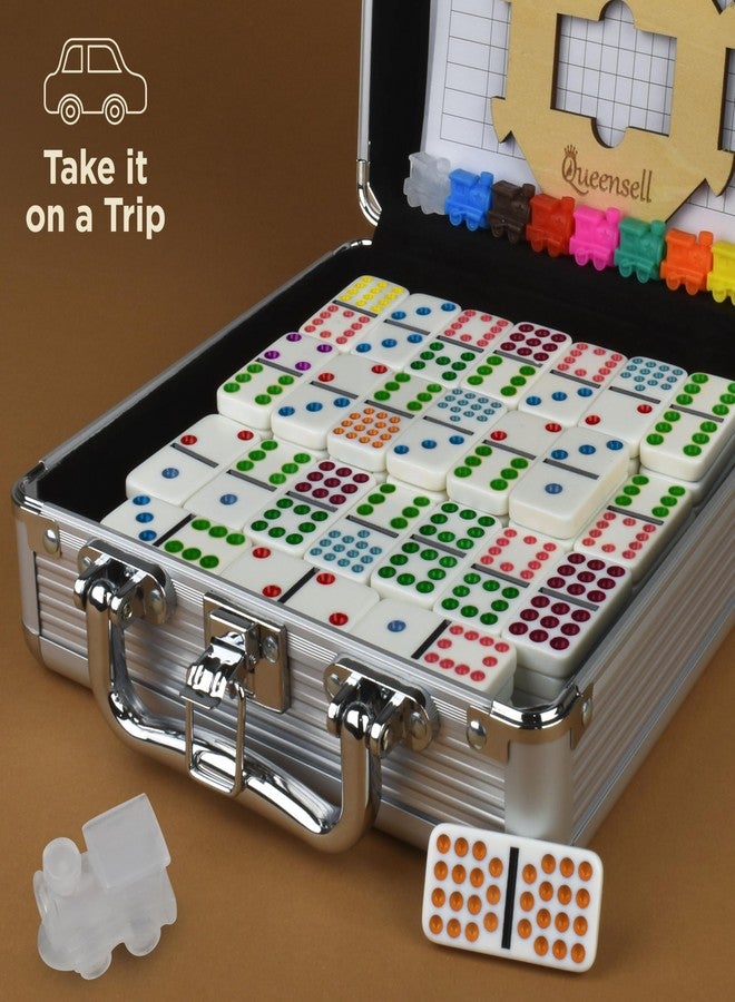 Queensell Mexican Train Dominoes Set Double 15 for Adults and Family, Mexican Train Double 15 Dominoes Set Colored Dot - 136 Tiles, 9 Trains, Wooden Hub, Aluminum Case (Double 15) - Image 3