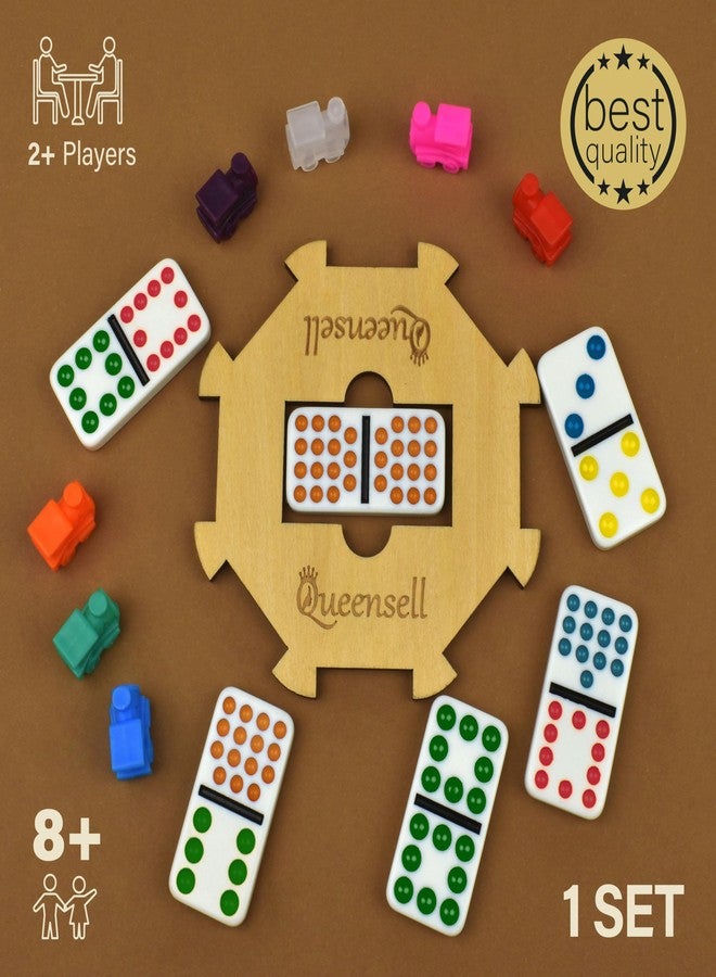 Queensell Mexican Train Dominoes Set Double 15 for Adults and Family, Mexican Train Double 15 Dominoes Set Colored Dot - 136 Tiles, 9 Trains, Wooden Hub, Aluminum Case (Double 15) - Image 5